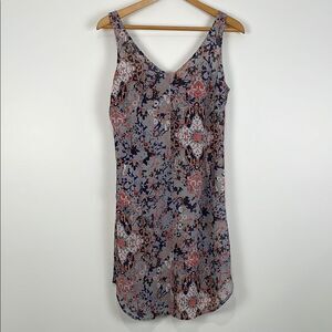 CAbi Women’s XS Mini Dress Floral Sleeveless Pockets Gray Purple V-Neck